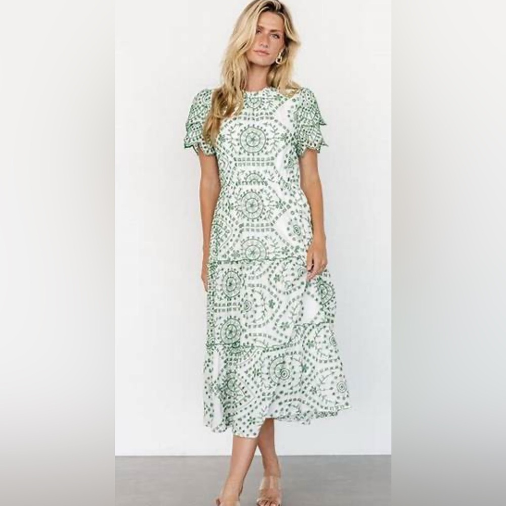 NEW Baltic Born Mirabel Eyelet Green and White Midi Dress